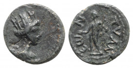 Cappadocia, Tyana, c. 2nd-3rd century AD. Æ (18mm, 3.90g, 12h). Turreted and draped bust of City-goddess r. R/ Perseus standing facing, head l., holdi...