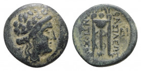 Seleukid Kings, Antiochos II (261-246 BC). Æ (18mm, 4.61g, 1h). Sardeis. Laureate head of Apollo r. R/ Tripod. HGC 9, 253. Green patina, VF