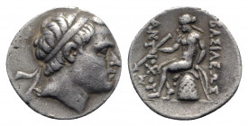 Seleukid Kings, Antiochos III (222-187 BC). AR Drachm (18mm, 4.16g, 12h). Antioch. Diademed head r. R/ Apollo Delphios seated l. on omphalos, holding ...