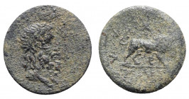 Uncertain mint, c. 2nd-1st century BC. Æ (18mm, 3.81g, 6h). Bearded head of Zeus(?) r., wearing tainia. R/ Lion standing r.; star above. Fine