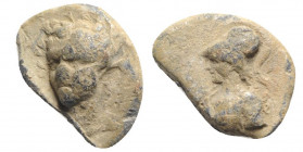 Greek PB Tessera (18mm, 4.88g, 9h). Head of Herakles(?) facing slightly l. R/ Helmeted bust of Athena l. VF