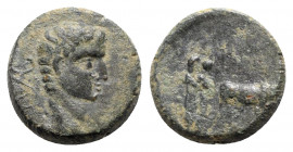 Tiberius (14-37). Macedon, Philippi. Æ (17mm, 5.22g, 6h). Bare head r. R/ Two priests plowing r. RPC I 1657; SNG Copenhagen 283 (Parium). Green patina...