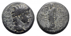 Tiberius (14-37). Phrygia, Laodicea ad Lycum. Æ (19mm, 6.39g, 12h). Dioskourides, magistrate. Bare head r. R/ Zeus Laodiceus standing l., holding eagl...
