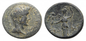 Tiberius (14-37). Pamphylia, Side. Æ (17mm, 4.68g, 11h). Bare head r. R/ Athena standing l., holding nike and spear. RPC I 3395 (2 specimens). Very Ra...