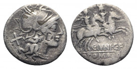 C. Junius C.f., Rome, 149 BC. AR Denarius (17mm, 3.02g, 3h). Helmeted head of Roma r. R/ Dioscuri riding r., stars above; C. IVNI. C. F below. Crawfor...