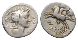 M. Sergius Silus, Rome, 116-115 BC. AR Denarius (18mm, 3.75g, 6h). Helmeted head of Roma r. R/ Soldier on horseback rearing l., holding sword and seve...