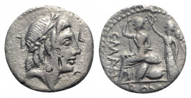C. Malleolus, Rome, 96 BC. AR Denarius (19mm, 3.54g, 9h). Laureate head of Apollo r. R/ Roma seated l. on pile of shields, holding spear, being crowne...