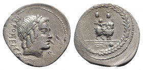 Mn. Fonteius C.f., Rome, 85 BC. AR Denarius (20.5mm, 3.56g, 10h). Laureate head of Vejovis (or Apollo) r.; Roma monogram below chin, thunderbolt below...