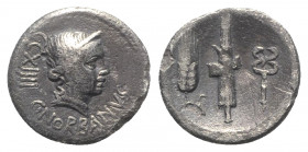 C. Norbanus, Rome, 83 BC. AR Denarius (18mm, 4.01g, 10h). Diademed head of Venus r.; control mark behind. R/ Grain-ear, fasces and caduceus. Crawford ...
