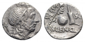 Cn. Lentulus, Spanish(?) mint, 76-75 BC. AR Denarius (18mm, 3.51g, 5h). Diademed and draped bust of Genius r., with sceptre over shoulder. R/ Sceptre ...