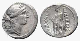 Roman Imperatorial, Man. Acilius Glabrio, Rome, 49 BC. AR Denarius (19mm, 3.65g, 3h). Laureate head of Salus r. R/ Salus standing l. against column, h...