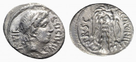 Q. Sicinius and C. Coponius, military mint in the East, moving with Pompey; C. Coponius, praetor, 49 BC. AR Denarius (19mm, 3.39g, 11h). Diademed head...