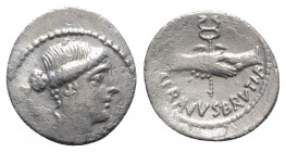 Roman Imperatorial, Albinus Bruti f., Rome, 48 BC. AR Denarius (20mm, 3.57g, 9h). Bare head of Pietas r. R/ Clasped hands holding winged caduceus. Cra...