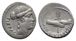 Roman Imperatorial, Albinus Bruti f., Rome, 48 BC. AR Denarius (19mm, 3.25g, 7h). Bare head of Pietas r. R/ Clasped hands holding winged caduceus. Cra...