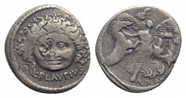 Roman Imperatorial, L. Plautius Plancus, Rome, 47 BC. AR Denarius (18mm, 3.61g, 6h). Facing head of Medusa with disheveled hair; serpents on either si...