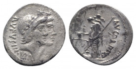 Roman Imperatorial, Mn. Cordius Rufus, Rome, 46 BC. AR Denarius (20mm, 3.67g, 6h). Conjoined heads of the Dioscuri r., wearing laureate pilei surmount...