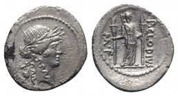 Roman Imperatorial, P. Clodius M.f. Turrinus, Rome, 42 BC. AR Denarius (21mm, 3.45g, 6h). Laureate head of Apollo r.; lyre behind. R/ Diana Lucifera s...