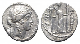 Roman Imperatorial, P. Clodius M.f. Turrinus, Rome, 42 BC. AR Denarius (18mm, 3.35g, 12h). Laureate head of Apollo r.; lyre behind. R/ Diana Lucifera ...