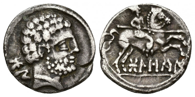 HISPANIA ANTIGUA. BOLSKAN. Denario. A/ Cabeza masculina barbada y con collar a d...