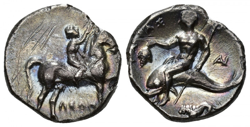 GRECIA ANTIGUA. CALABRIA. Tarento. Didracma (c. 275-235 a.C.). A/ Jinete a der. ...