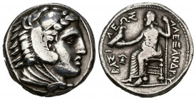 GRECIA ANTIGUA. MACEDONIA. Alejandro III. Anfípolis. Tetradracma (c. 323-320 a.C.). R/ Delante del trono casco macedonio. AR 17,13 g. 24,5 mm. PRC-113...