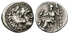 GRECIA ANTIGUA. MACEDONIA. A nombre de Alejandro III. Dracma. Magnesia ad Meandrum (c. 319-c. 305 a.C.). R/ Delante del trono lechuza y debajo monogra...