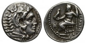 GRECIA ANTIGUA. MACEDONIA. A nombre de Alejandro III. Dracma. Mileto (c. 325-319 a.C.). R/ Monograma delante del trono. AR 4,27 g. 16,55 mm. PRC-2124....