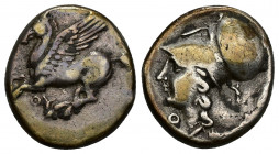 GRECIA ANTIGUA. ACARNANIA. Tirión. Estátera (c. 350-300 a.C.). A/ Pegaso volando a izq., debajo QU. R/ Cabeza de Atenea a izq., delante Q, detrás U y ...