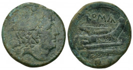 REPÚBLICA ROMANA. ANÓNIMO. Sextante. Roma (217-215 a.C.). A/ Cabeza de Mercurio con pétaso a der. AE 22,16 g. 29,5 mm. CRAW-38.5. Pátina verde. BC+/MB...
