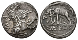 REPÚBLICA ROMANA. CAECILIA. C. Caecilius Metellus Caprarius. Denario. Roma (125 a.C.). A/ Cabeza de Roma a der., detrás ROMA. R/ Júpiter en biga de el...