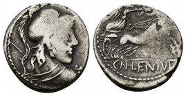 REPÚBLICA ROMANA. CORNELIA. Denario. Roma (88 a.C.). A/ Busto de Marte a der. R/ Victoria en biga a der.; CN LENTVL. AR 3,56 g. 18,3 mm. CRAW-345.1. F...