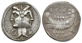 REPÚBLICA ROMANA. FONTEIA. C. Fonteius. Denario. Roma (114-113 a.C.). A/ Cabeza janiforme, a izq. G. R/ Galera a izq. con timonel y tres remeros; enci...