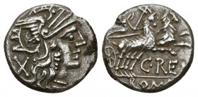 REPÚBLICA ROMANA. RENIA. C. Renius. Denario. Roma (138 a.C.). A/ Cabeza de Roma a der. R/ Juno Caprotina en biga de cabras a der., debajo C REN(I), ex...