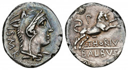REPÚBLICA ROMANA. THORIA. L. Thorius Balbus. Denario. Roma (105 a.C.). A/ Cabeza de Juno Sóspita a der., detrás ISMR. R/ Toro saltando a der., encima ...