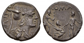 REPÚBLICA ROMANA. VETURIA. Ti. Veturius. Denario. Roma (137 a.C.). A/ Busto de Marte a der., detrás TI VET. R/ Escena de juramento, encima ROMA. AR 2,...