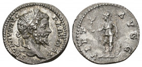 IMPERIO ROMANO. SEPTIMIO SEVERO. Denario. Roma (202-210). A/ Cabeza laureada a der. R/ Virtus a izq. con Victoria y escudo, a su izq. Lanza; VIRT AVGG...
