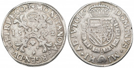 FELIPE II. Provincias Unidas. Escudo de Borgoña. Nimega. 1592. A/ MONETA NOVA ARGEN DVC GELRIAE CO Z. R/ DOMINVS MIHI ADIVTOR. AR 28,47 g. 40,9 mm. Va...