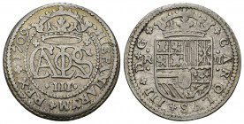 CARLOS III PRETENDIENTE. 2 reales. 1709. Barcelona. AR 5,06 g. 27 mm. VI-23. MBC-.