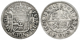 FERNANDO VI. 2 reales. 1757. Sevilla. JV. AR 5,91 g. 26,6 mm. VI-258. MBC/MBC+.