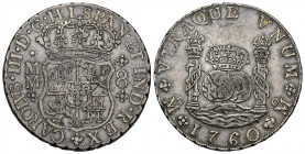 CARLOS III. 8 reales. 1760. México. MM. AR 26,8 g. 37,8 mm. VI-916. Pequeña raya en rev. MBC.