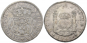 CARLOS III. 8 reales. 1769. México. MF. AR 26,66 g. 39,2 mm. VI-927. Golpecitos en canto. MBC/MBC-.