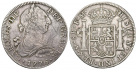 CARLOS III. 8 reales. 1776. México. FM. AR 26,83 g. 38,4 mm. VI-937. Rayas en anv. MBC.