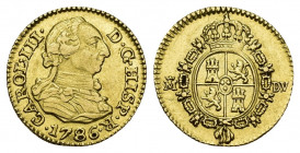 CARLOS III. 1/2 escudo. 1786. Madrid. DV. AU 1,77 g. 14 mm. VI-1065. Rayita en anv. y golpecito en gráfila en rev. MBC+.