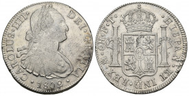 CARLOS IV. 8 reales. 1802. México. FT. AR 26,88 g. 40 mm. VI-799. Pequeña rebaba en anv. MBC/MBC+.