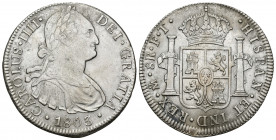 CARLOS IV. 8 reales. 1803. México. FT. AR 26,78 g. 40,02 mm. VI-800. Oxidaciones limpiadas. MBC+.