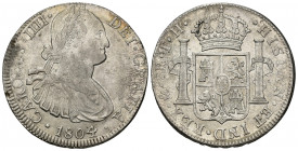 CARLOS IV. 8 reales. 1804. México. TH. AR 27,04 g. 39,4 mm. VI-802. Oxidaciones limpiadas. MBC+.