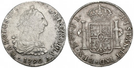 CARLOS IV. 8 reales. 1790. Potosí. PR. AR 26,97 g. 41,3 mm. VI-809. Finas rayas en anv. y vano en rev. MBC.