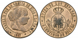 ISABEL II. 5 céntimos de escudo. 1867. Barcelona OM. AE 12,61 g. 32,3 mm. VI-198. B.O. EBC.