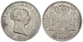 ISABEL II. 20 reales. 1854. Madrid. AR 25,73 g. 37,34 mm. VI-510. MBC-/MBC.