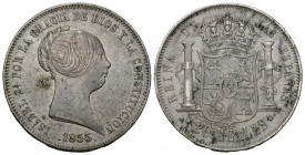 ISABEL II. 20 reales. 1855. Madrid. AR 25,65 g. 37,34 mm. VI-511. MBC/MBC-.